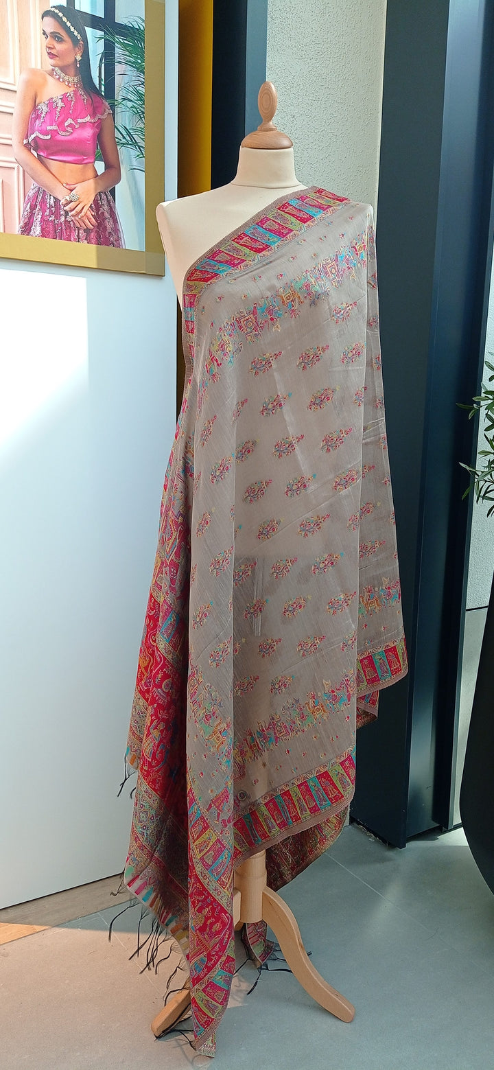 Archana Beige and Red Kattan Silk Dupatta with a Baraat Wedding Procession Scene