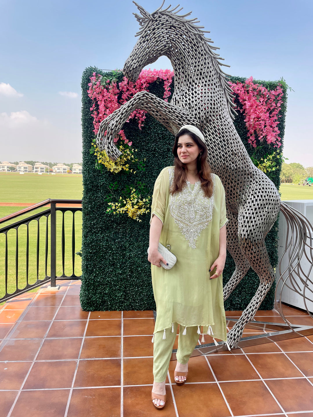 Saira Sage Green Kurta Set with White Beads (Ready to Wear)