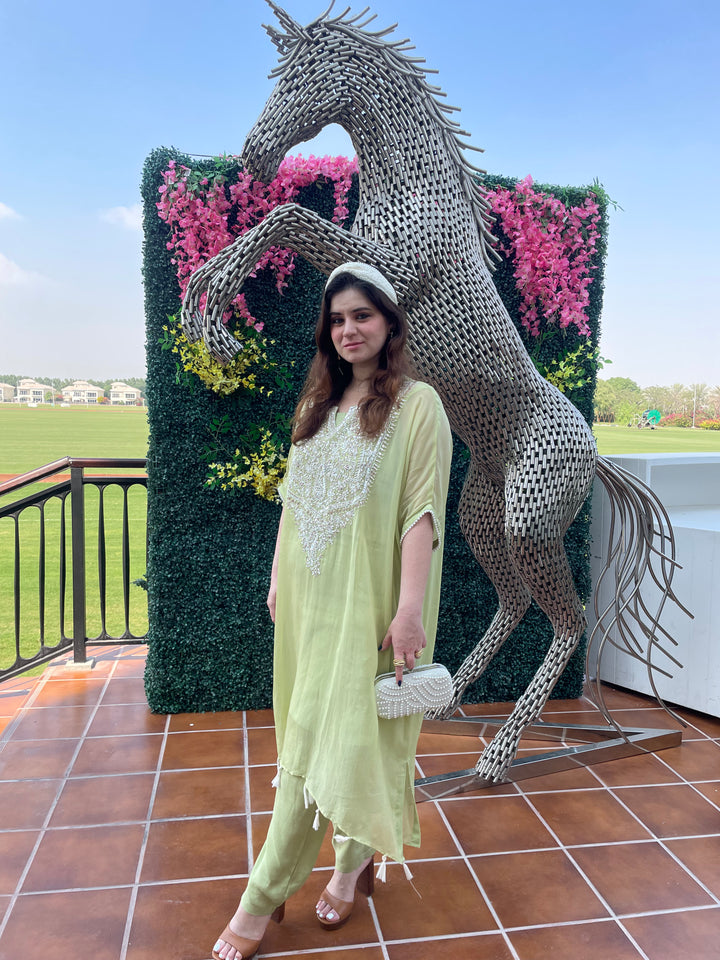 Saira Sage Green Kurta Set with White Beads (Ready to Wear)