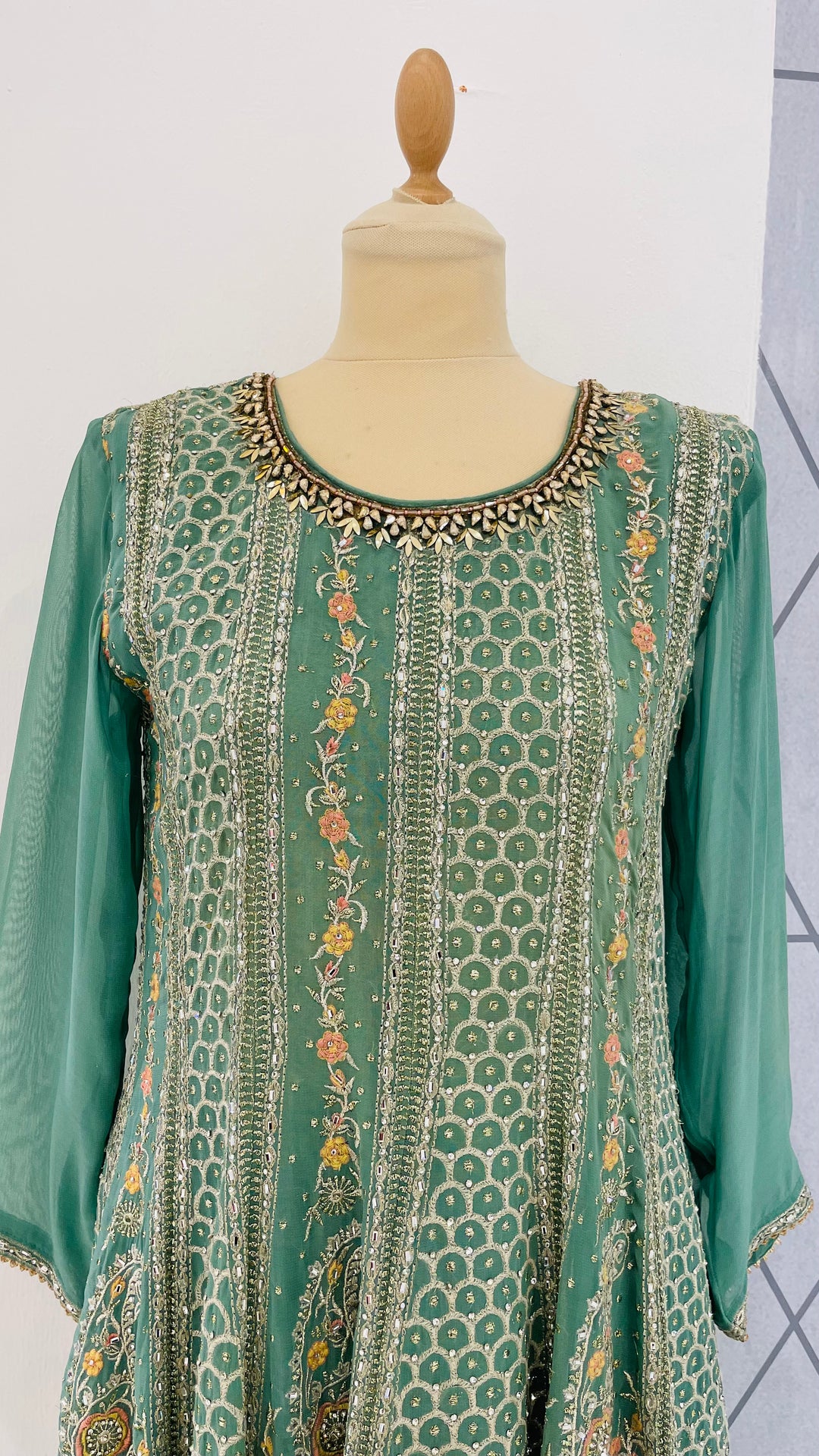 Shaleni Mint and Peach Pink Beaded Kurta and Palazzo Pants Set (Ready to Wear)