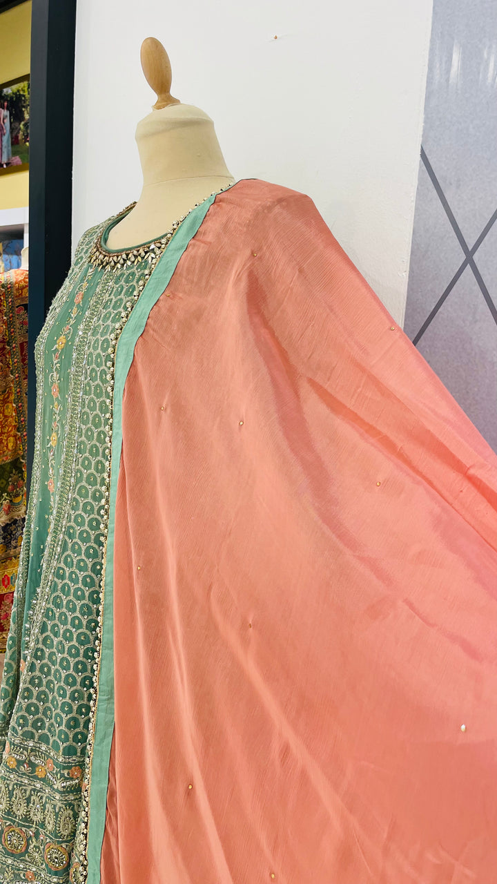 Shaleni Mint and Peach Pink Beaded Kurta and Palazzo Pants Set (Ready to Wear)