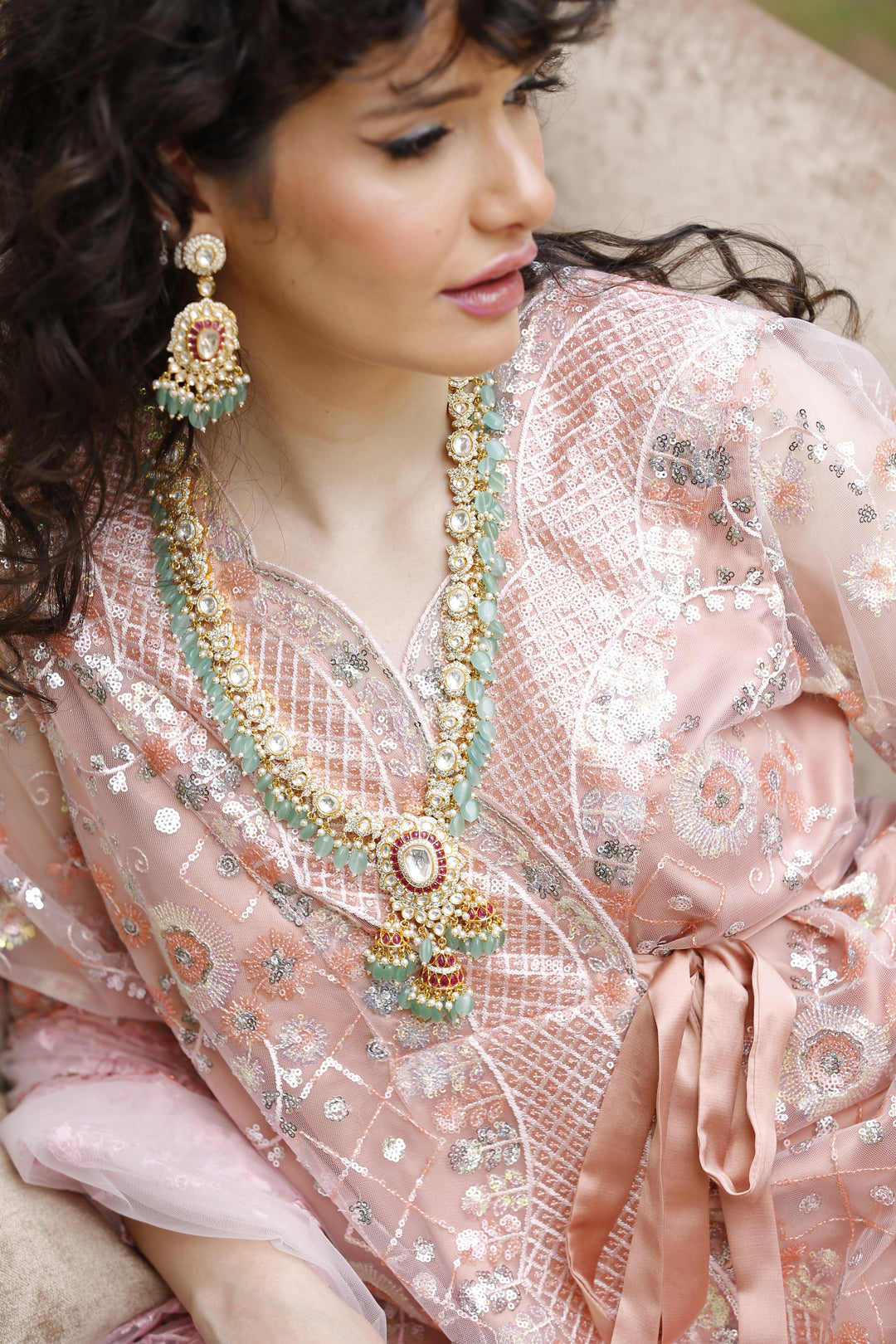 Sage Green and Gold Kundan Bridal Statement Necklace, Earrings, and Mang Teeka Set