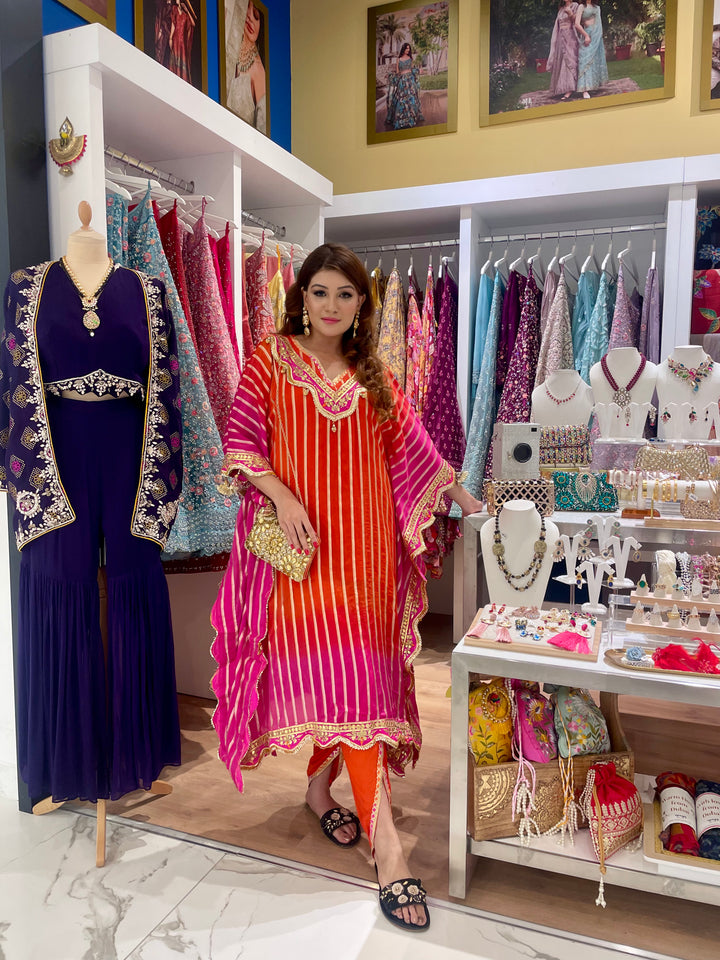 Paras Orange and Pink Gotta Patti Kaftan and Dhoti Pants Set (Ready to Wear)