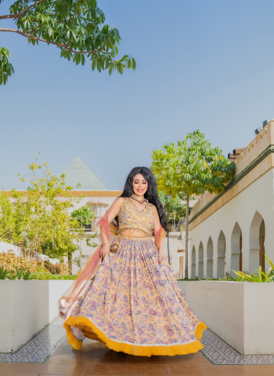 Yara Floral Yellow Lehenga and Bejewelled Blouse Set (Ready to Wear)