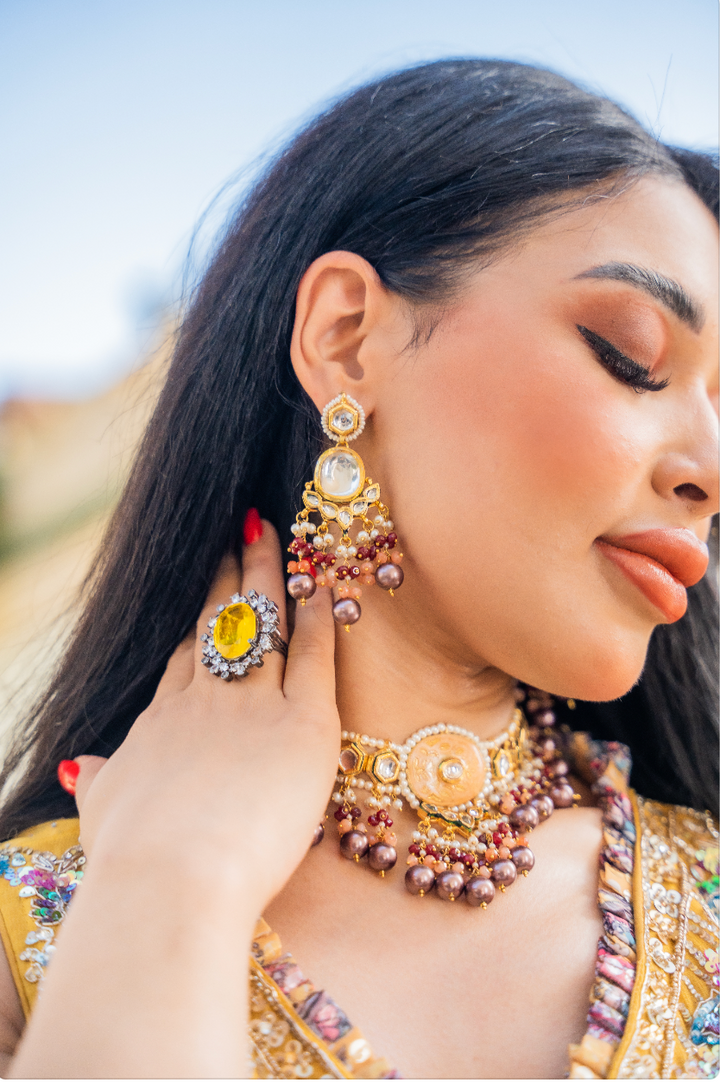 Sonali Brown and Peach Meenakari Enamel and Kundan Choker Necklace and Earrings Set