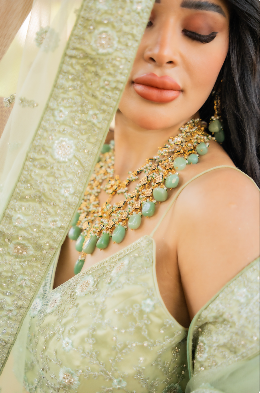 Hera Sage Green and Gold Three-Tiered Kundan Necklace and Earrings Set