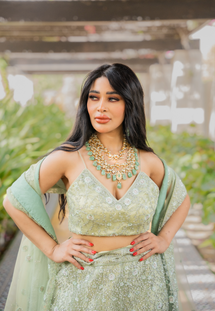 Hera Sage Green and Gold Three-Tiered Kundan Necklace and Earrings Set