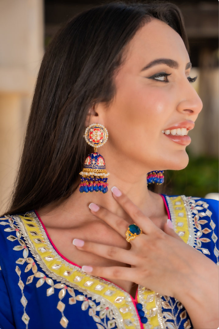 Electric Blue Katya Katori Bell-Shaped Indian Traditional Jhumka Earrings