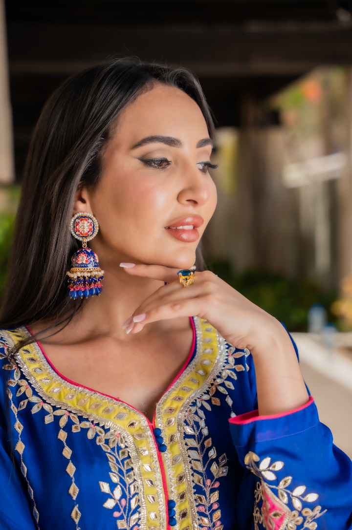 Electric Blue Katya Katori Bell-Shaped Indian Traditional Jhumka Earrings