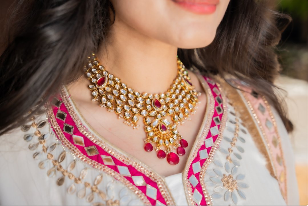 Radha Ruby and Polki Diamond Bridal Kundan Earrings, Kanras, Necklace and Maang Teeka Jewellery Set