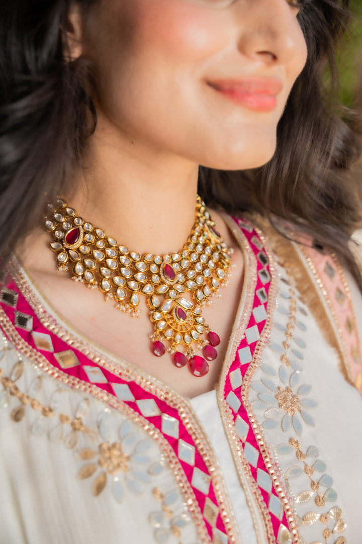 Radha Ruby and Polki Diamond Bridal Kundan Earrings, Kanras, Necklace and Maang Teeka Jewellery Set