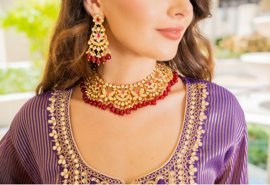 Meghana Floral Gold Kundan Polki Diamond and Ruby Necklace and Earrings Destination Jewelry Set