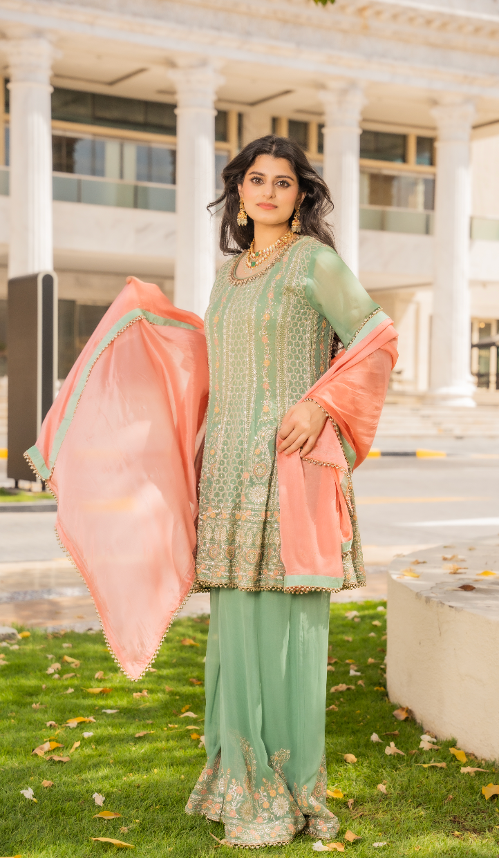 Shaleni Mint and Peach Pink Beaded Kurta and Palazzo Pants Set (Ready to Wear)