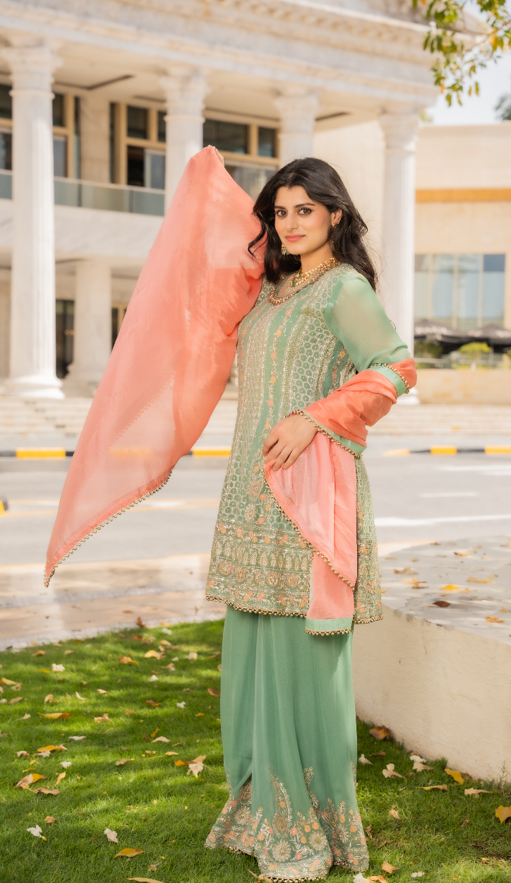 Shaleni Mint and Peach Pink Beaded Kurta and Palazzo Pants Set (Ready to Wear)