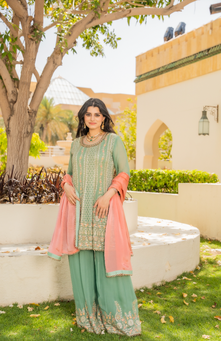 Shaleni Mint and Peach Pink Beaded Kurta and Palazzo Pants Set (Ready to Wear)