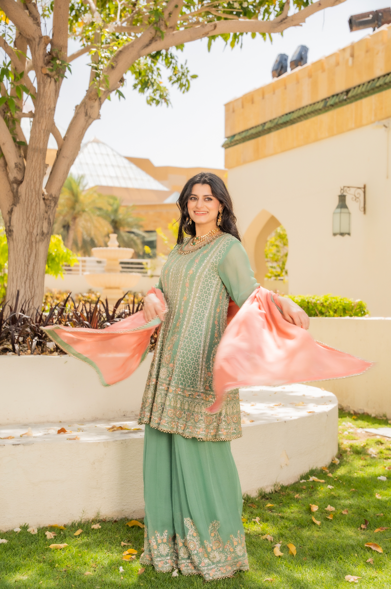 Shaleni Mint and Peach Pink Beaded Kurta and Palazzo Pants Set (Ready to Wear)