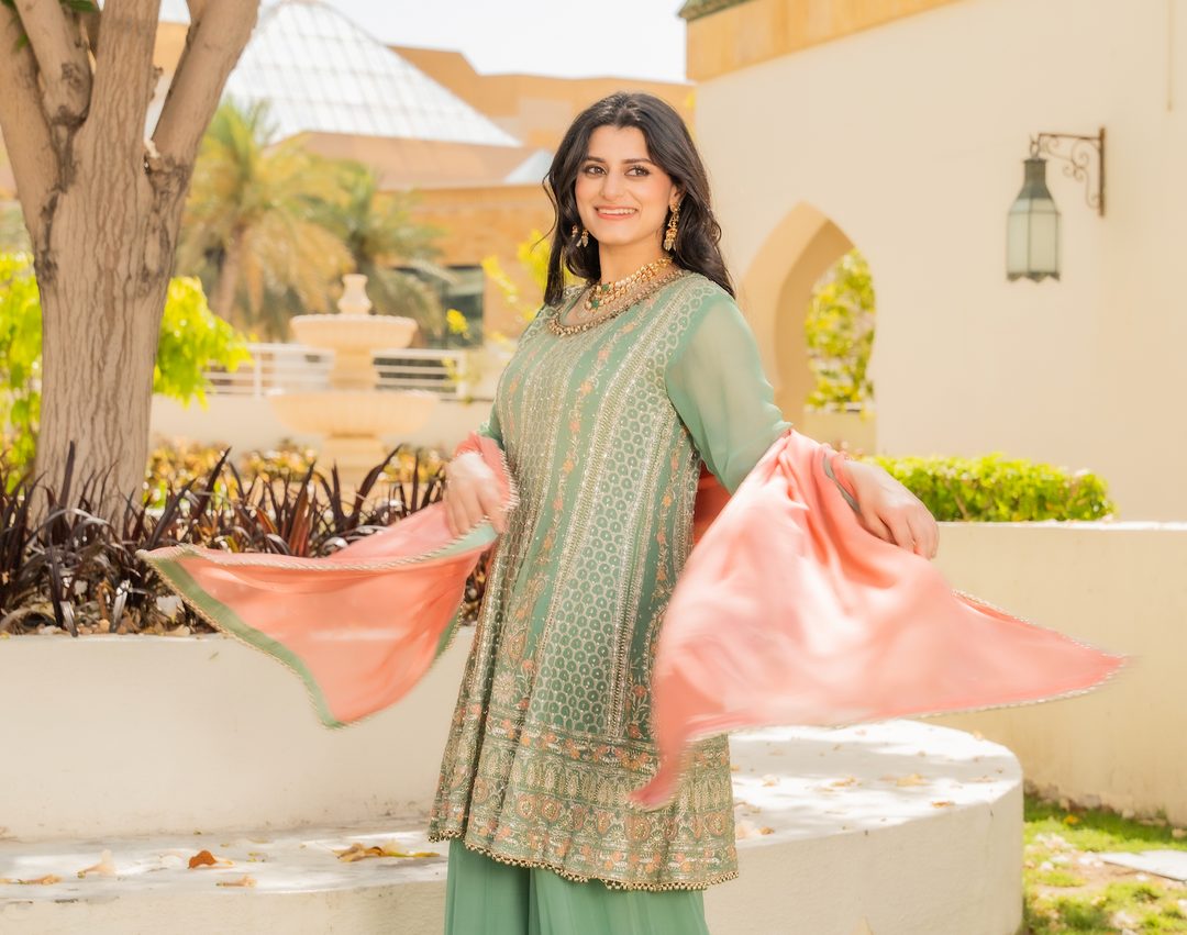 Shaleni Mint and Peach Pink Beaded Kurta and Palazzo Pants Set (Ready to Wear)