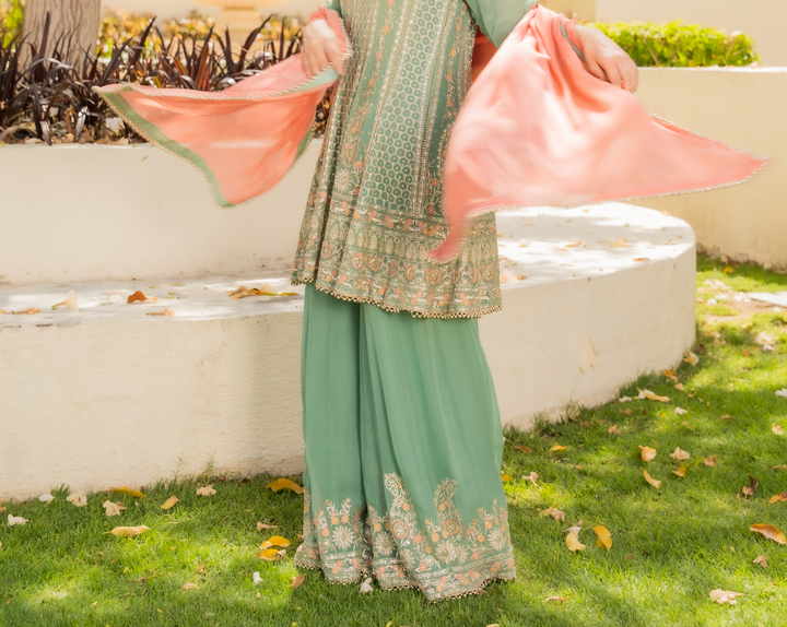 Shaleni Mint and Peach Pink Beaded Kurta and Palazzo Pants Set (Ready to Wear)