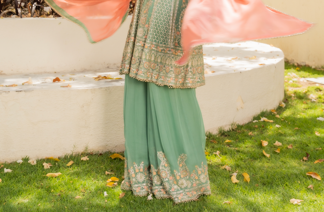 Shaleni Mint and Peach Pink Beaded Kurta and Palazzo Pants Set (Ready to Wear)