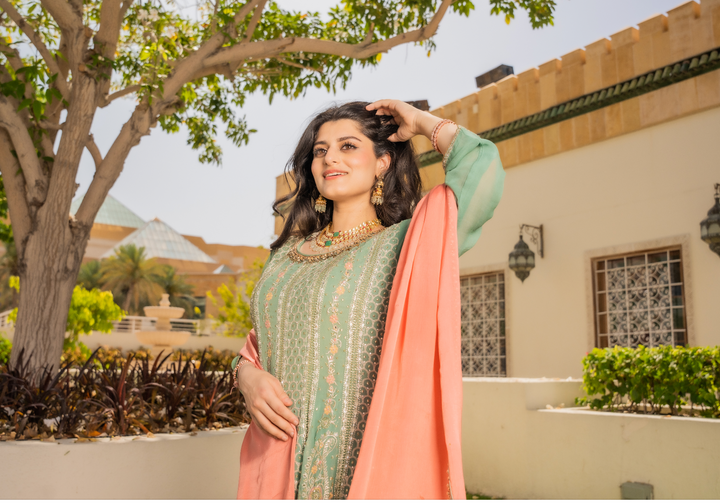 Shaleni Mint and Peach Pink Beaded Kurta and Palazzo Pants Set (Ready to Wear)