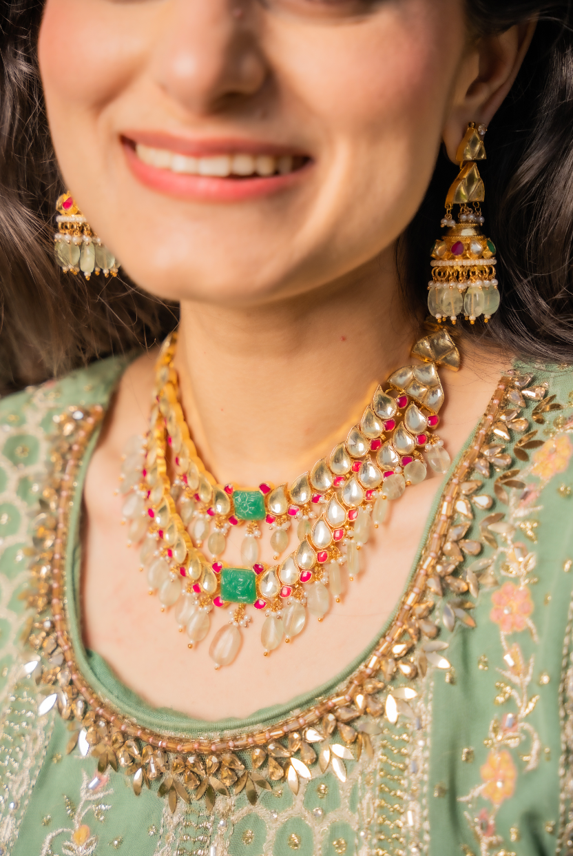 Kavya Double-Strand Kundan Polki Diamond, Ruby Red and Jade Green Necklace and Earrings Set