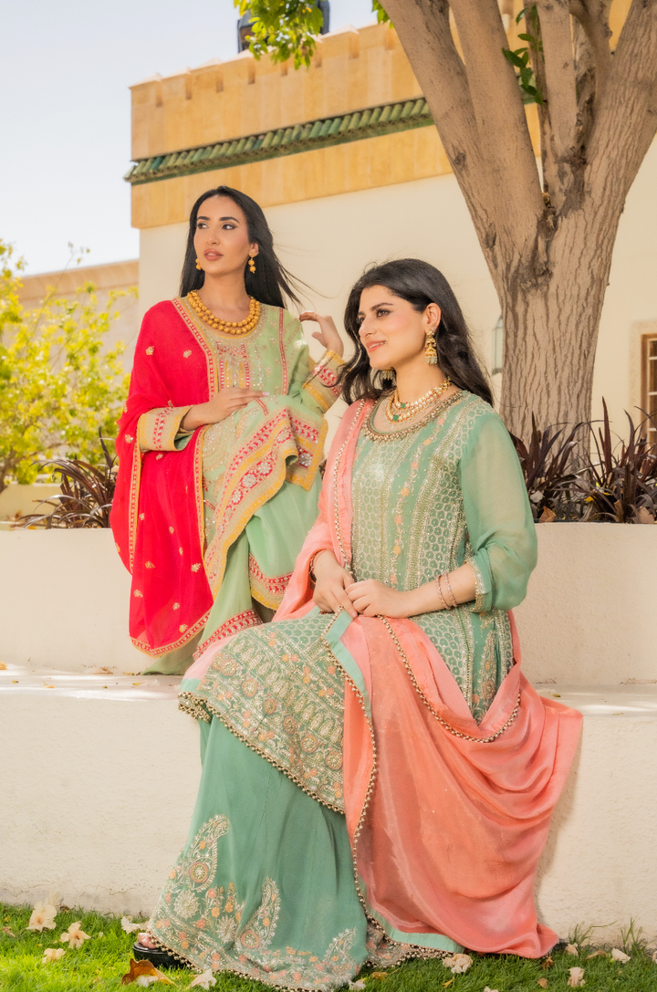 Shaleni Mint and Peach Pink Beaded Kurta and Palazzo Pants Set (Ready to Wear)