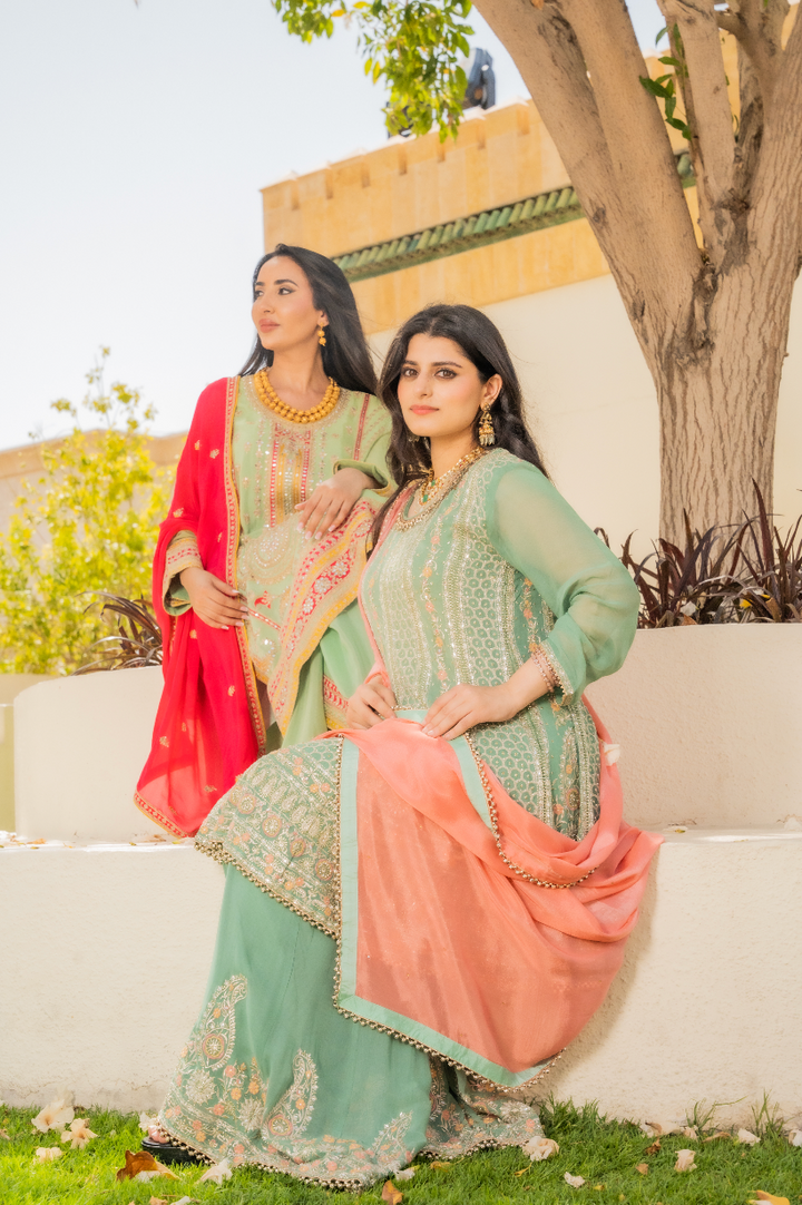 Shaleni Mint and Peach Pink Beaded Kurta and Palazzo Pants Set (Ready to Wear)