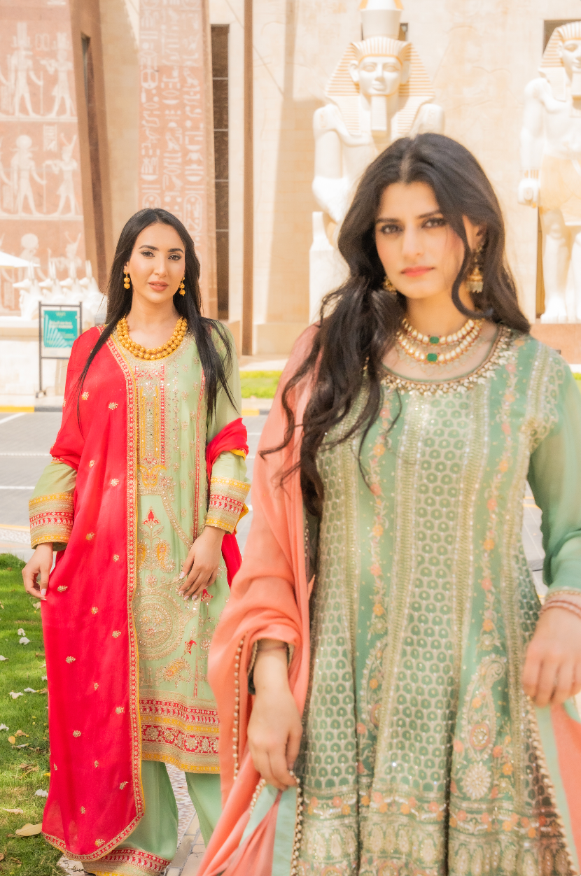 Hadeel Mint Sage Green and Rani Pink Sharara Set with Mirrorwork and Beads (Ready to Wear)