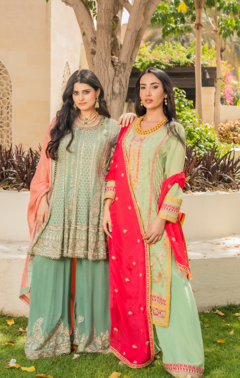 Shaleni Mint and Peach Pink Beaded Kurta and Palazzo Pants Set (Ready to Wear)