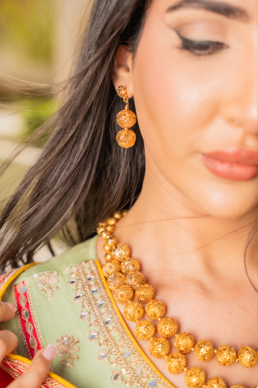 Mrinalina Double Strand Gold Bead Necklace and Earrings Set