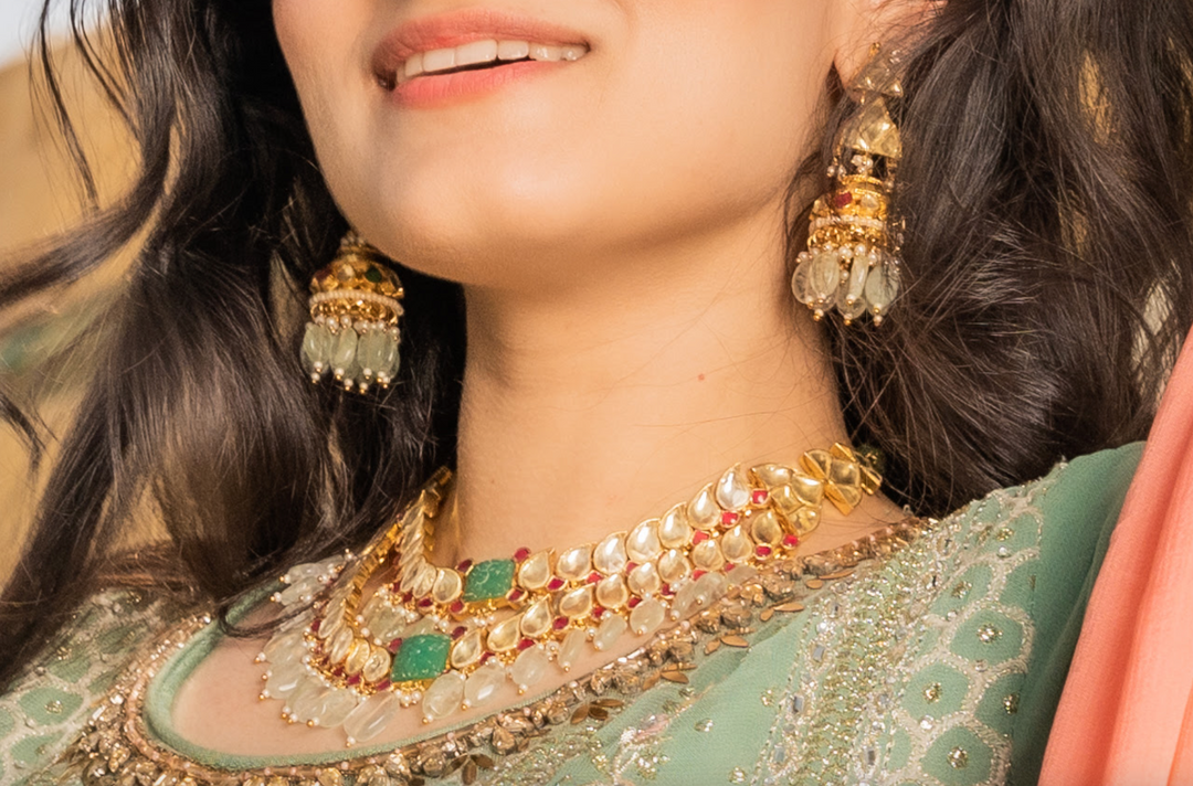 Kavya Double-Strand Kundan Polki Diamond, Ruby Red and Jade Green Necklace and Earrings Set