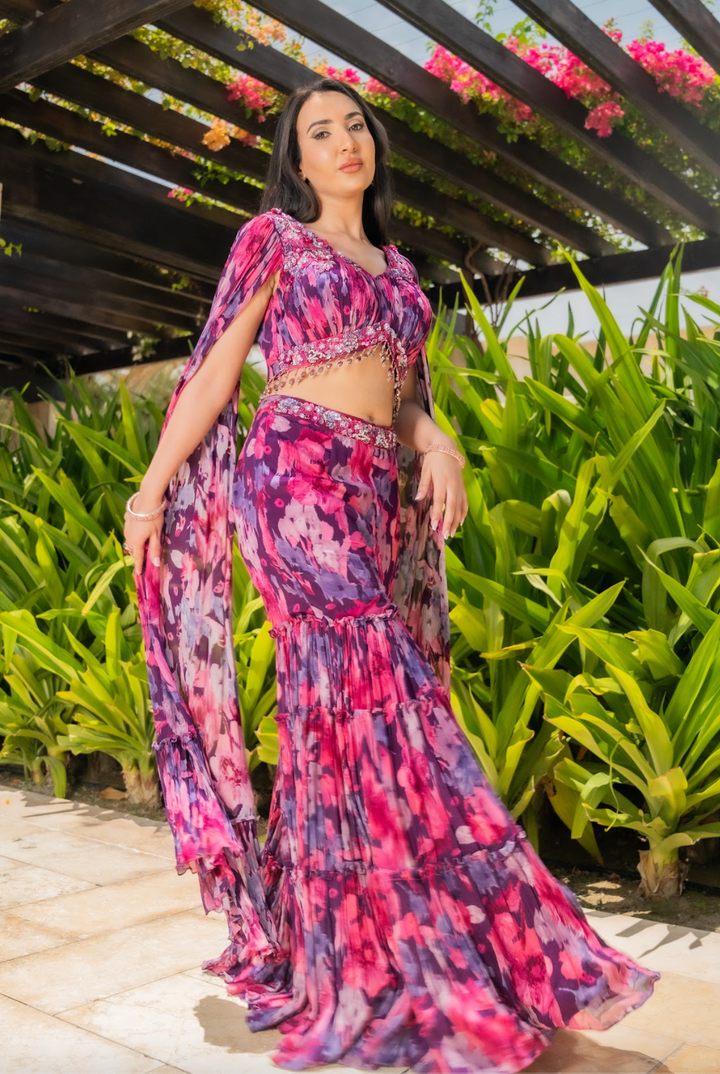 Kiara Purple & Pink Floral Showstopper Georgette Beaded Sharara Set with Dramatic Sleeves (Ready-to-Wear)