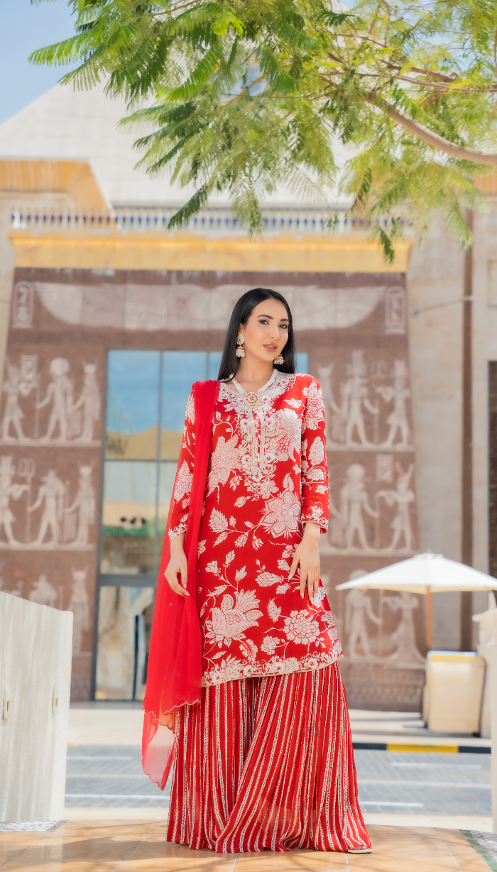 Navya Red and White Beaded Floral Sharara Set (Ready to Wear)