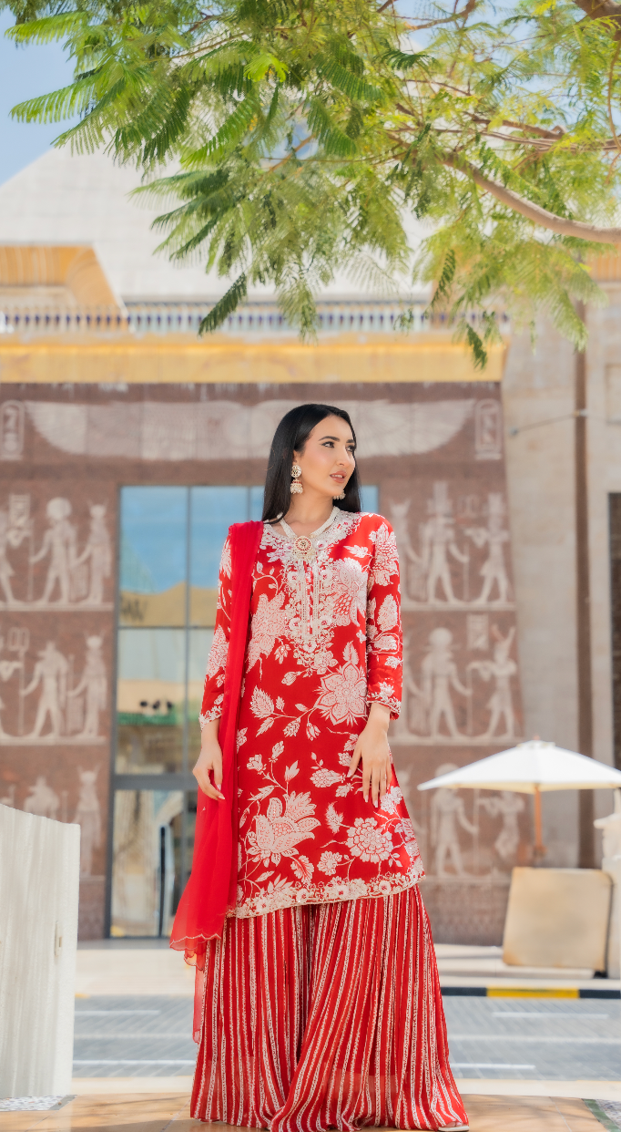 Navya Red and White Beaded Floral Sharara Set (Ready to Wear)