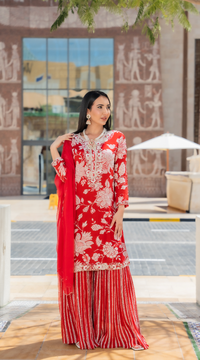 Navya Red and White Beaded Floral Sharara Set (Ready to Wear)