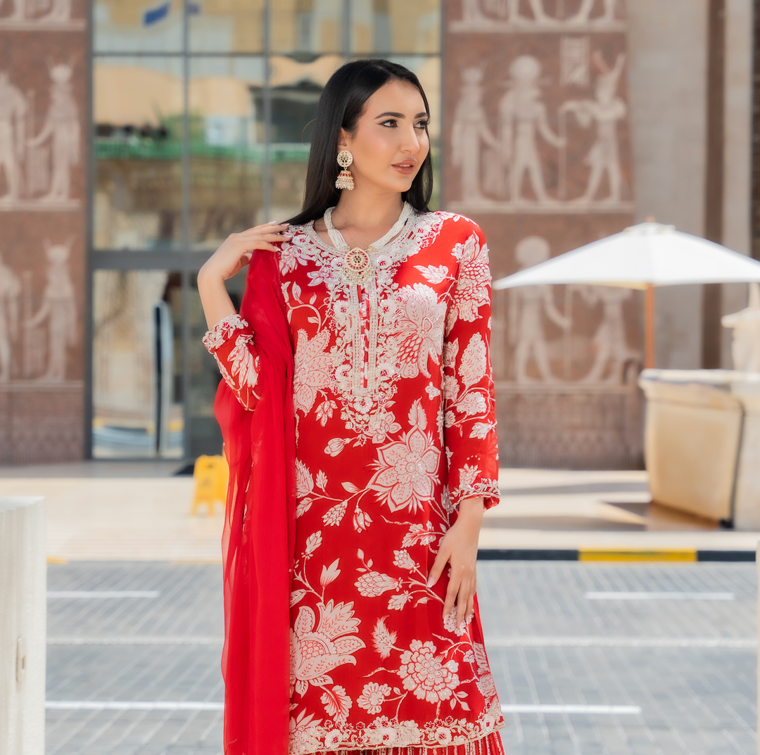 Navya Red and White Beaded Floral Sharara Set (Ready to Wear)