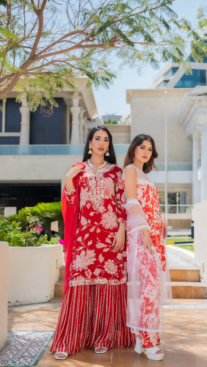 Navya Red and White Beaded Floral Sharara Set (Ready to Wear)