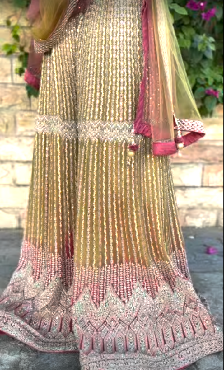 Zainab Gold, Lime and Pink Zari Work Beaded Bridal Sharara Set (Ready to Wear)