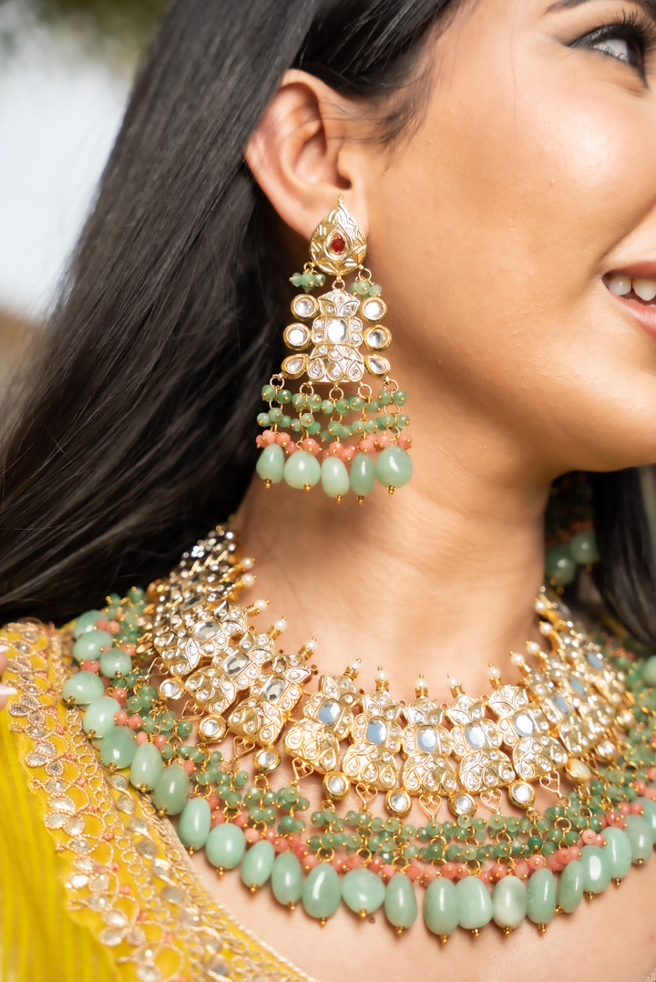 Alisha Sage Green and Gold Kundan and Bead Necklace, Earrings and Teeka Set