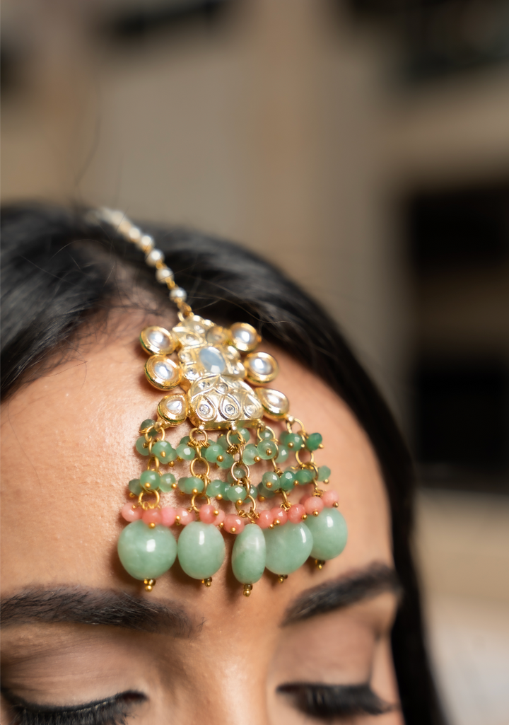 Alisha Sage Green and Gold Kundan and Bead Necklace, Earrings and Teeka Set