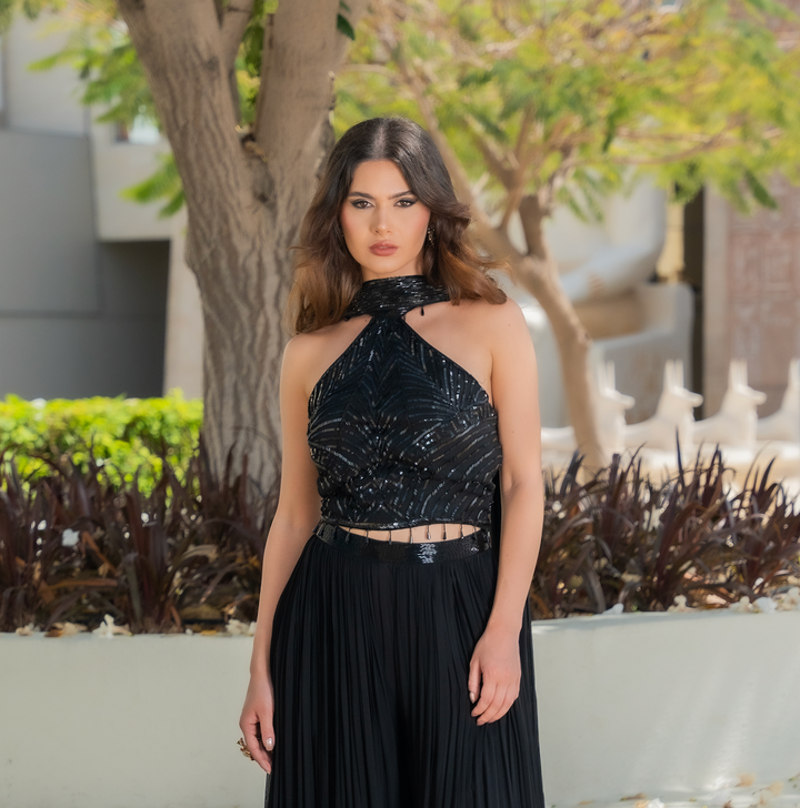 Elena Black Beaded Halterneck Blouse and Lehenga Skirt Contemporary Set (Ready to Wear)