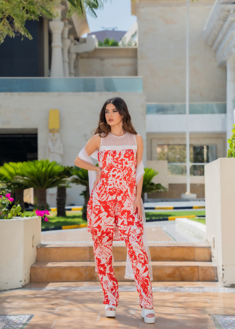 Ariana Red and White Floral Kurta Top and Pant Set (Ready-to-Wear)