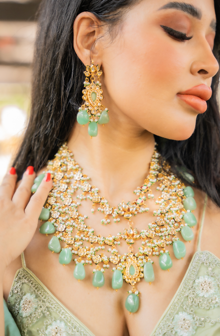 Hera Sage Green and Gold Three-Tiered Kundan Necklace and Earrings Set