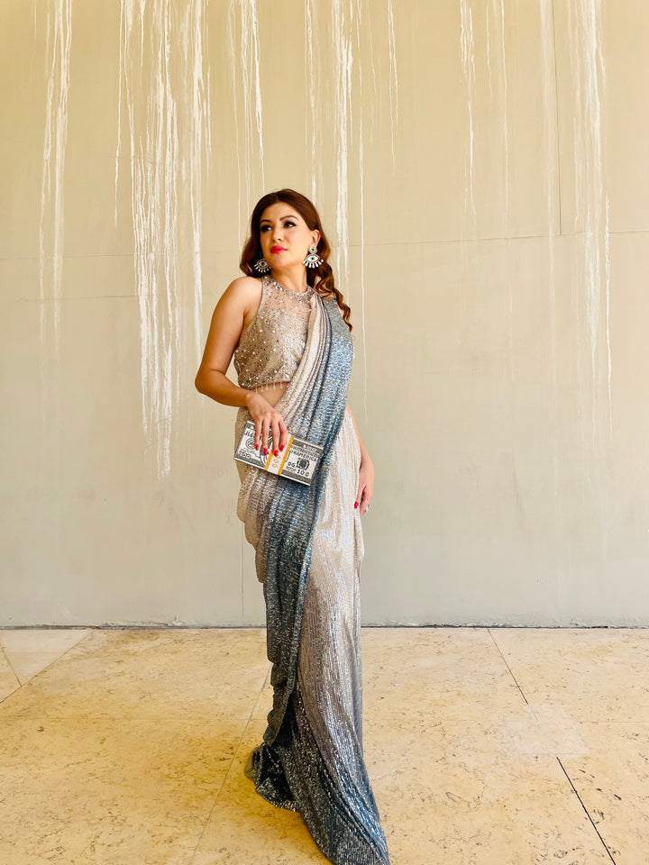 Skya Halter Blouse and Silver and Blue Sequins Ready-to-Wear Saree Set