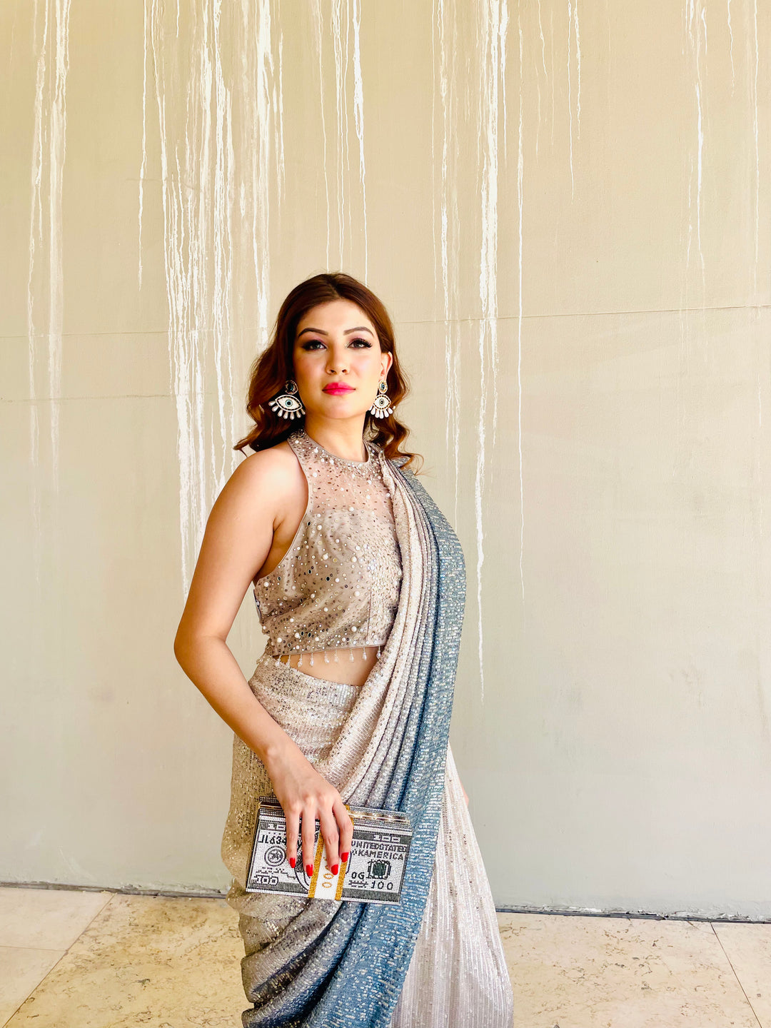 Skya Halter Blouse and Silver and Blue Sequins Ready-to-Wear Saree Set