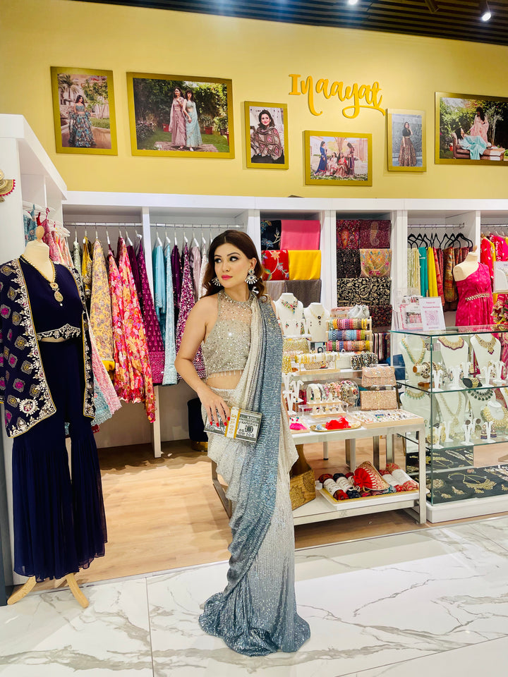 Skya Halter Blouse and Silver and Blue Sequins Ready-to-Wear Saree Set