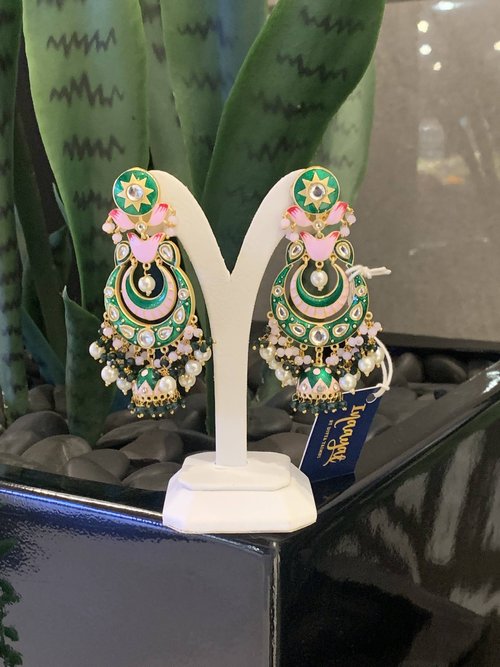 Lavina Green and Pink Enamel Earrings and Maang-Tikka Set