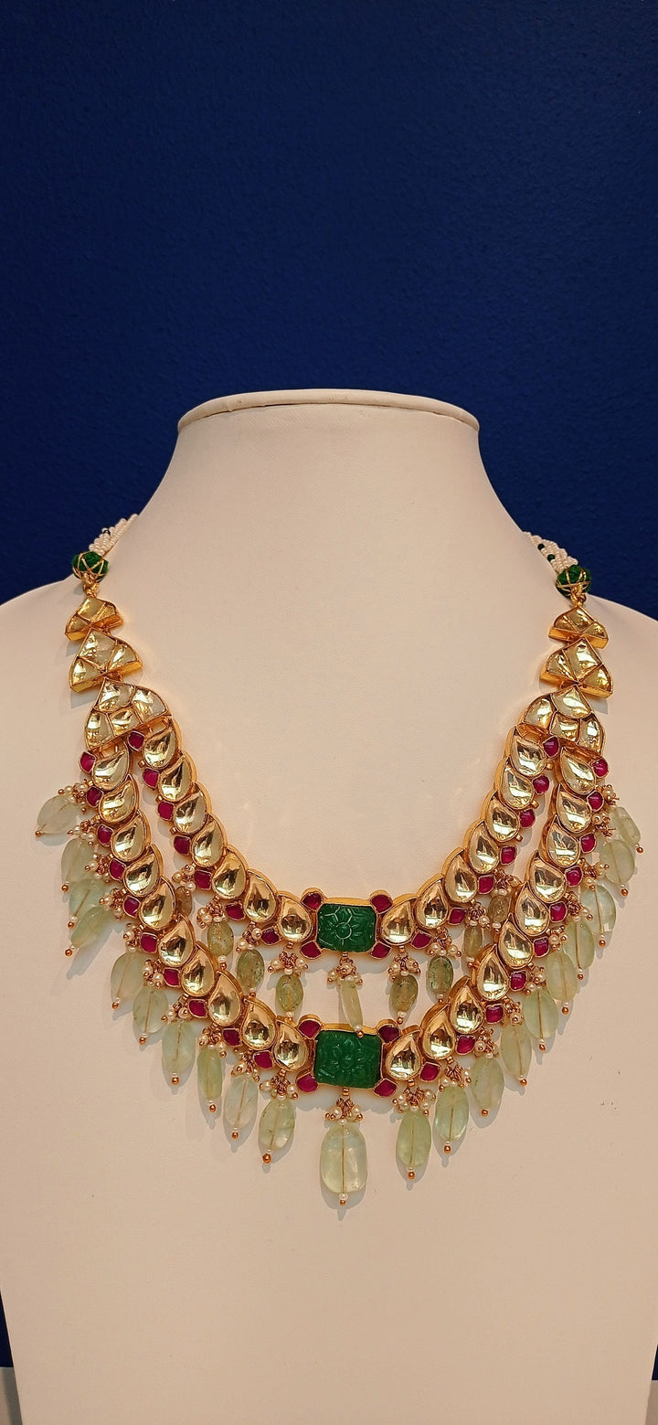 Kavya Double-Strand Kundan Polki Diamond, Ruby Red and Jade Green Necklace and Earrings Set