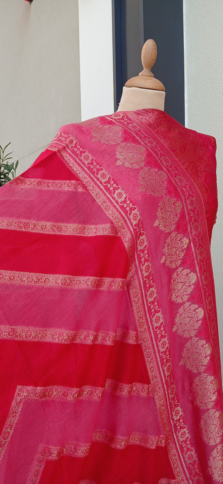 Gitasha Pink and Red Subtle Zari Paisley Pure Silk Suit Set with a Chevron Dupatta (Unstitched)