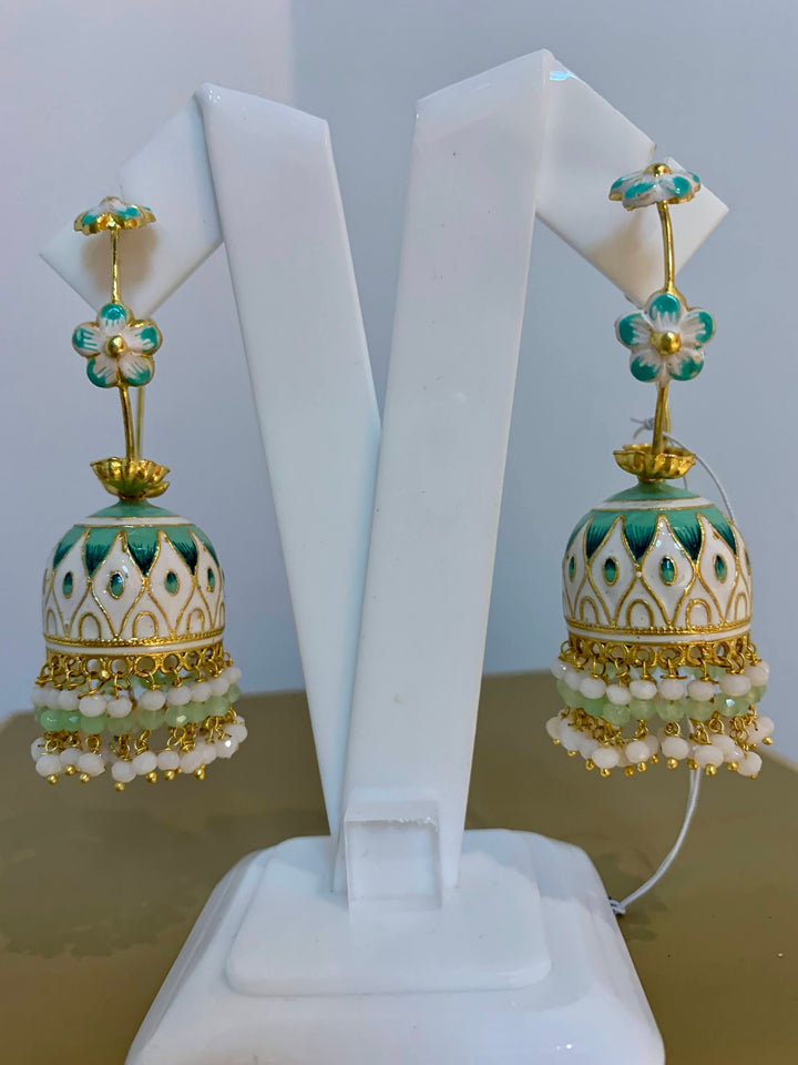 Kiren Cream and Green Enamel Hoop Bell Earrings